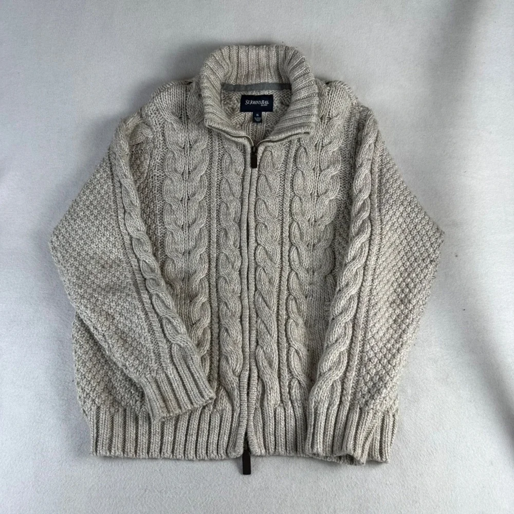 St Johns Bay Mens XL Oatmeal Cable Knit Wool Blend Full Zip Cardigan Sweater